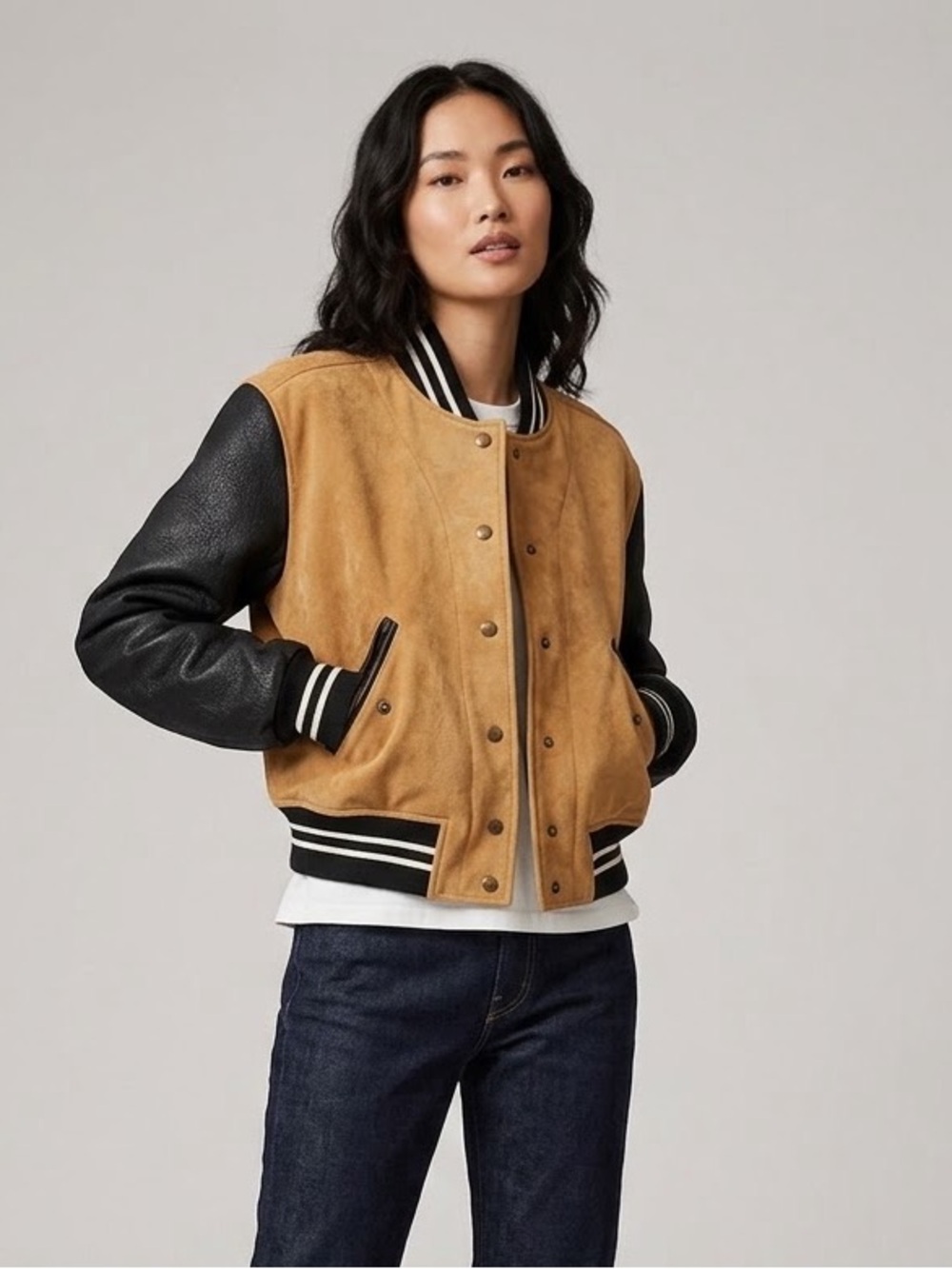 Women's Two-Tone Suede Bomber Jacket - Black & Tan